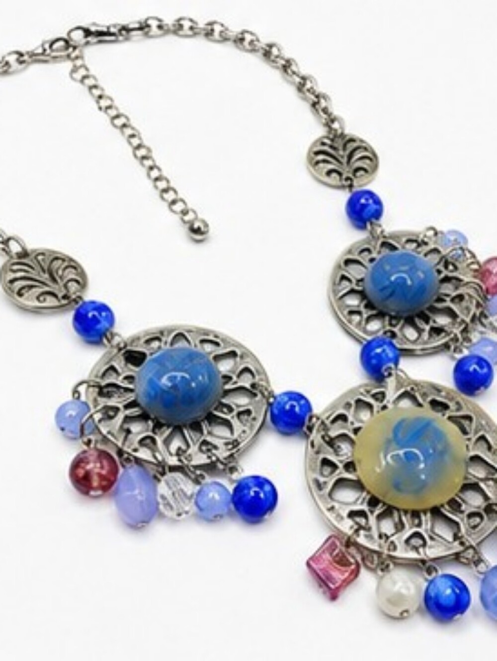 Artisan Boho Statement Necklace Blue Marbled Glass Cabochons Silver Tone Festiva - Picture 2 of 7